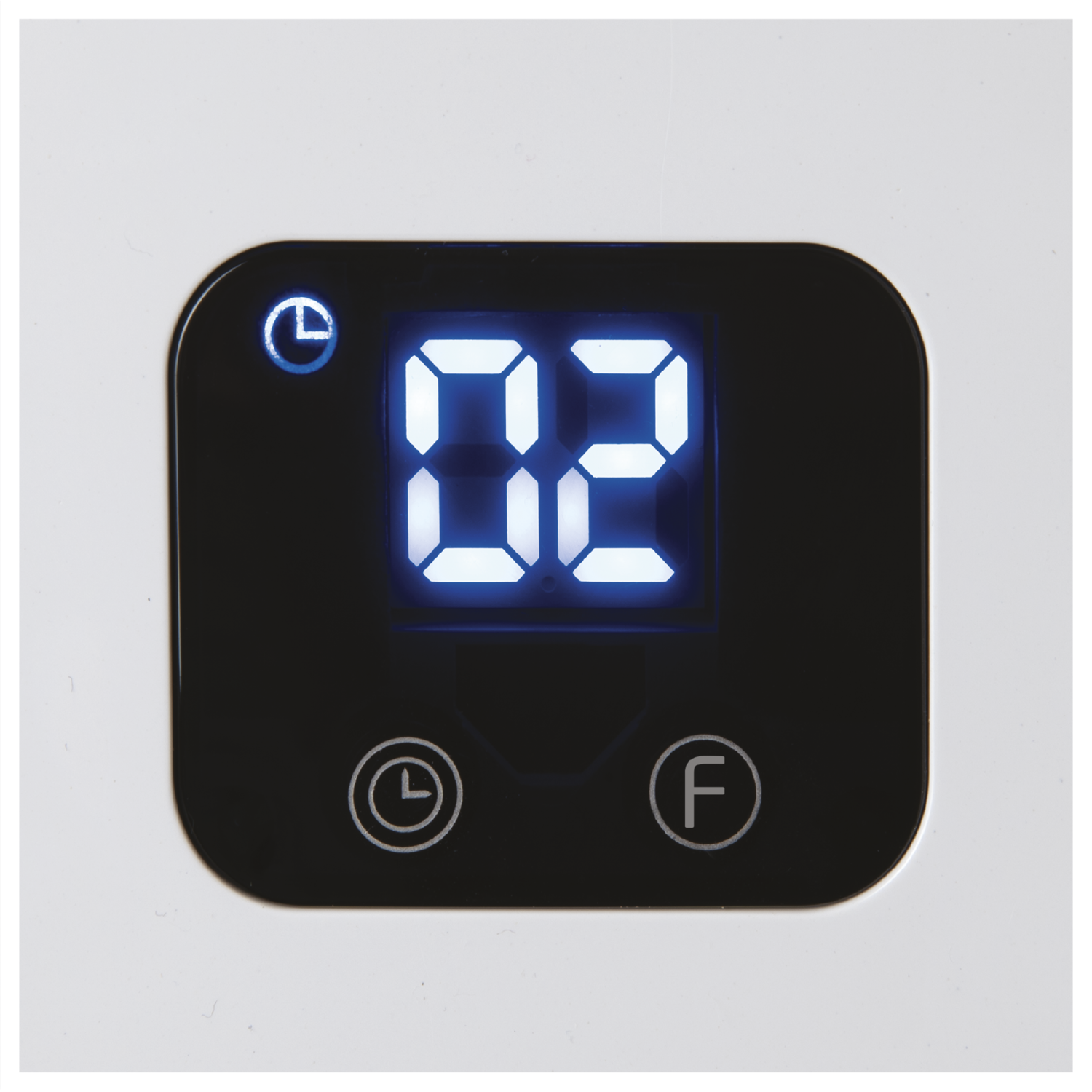 A white appliance with a black display showing the number 02 and function symbols.