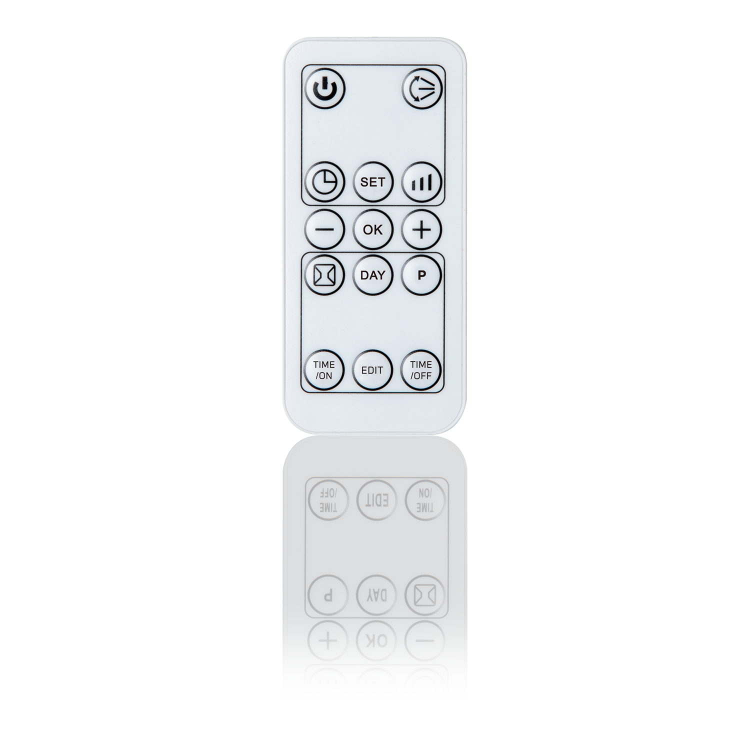 A remote control with buttons for various functions, including power and edit.