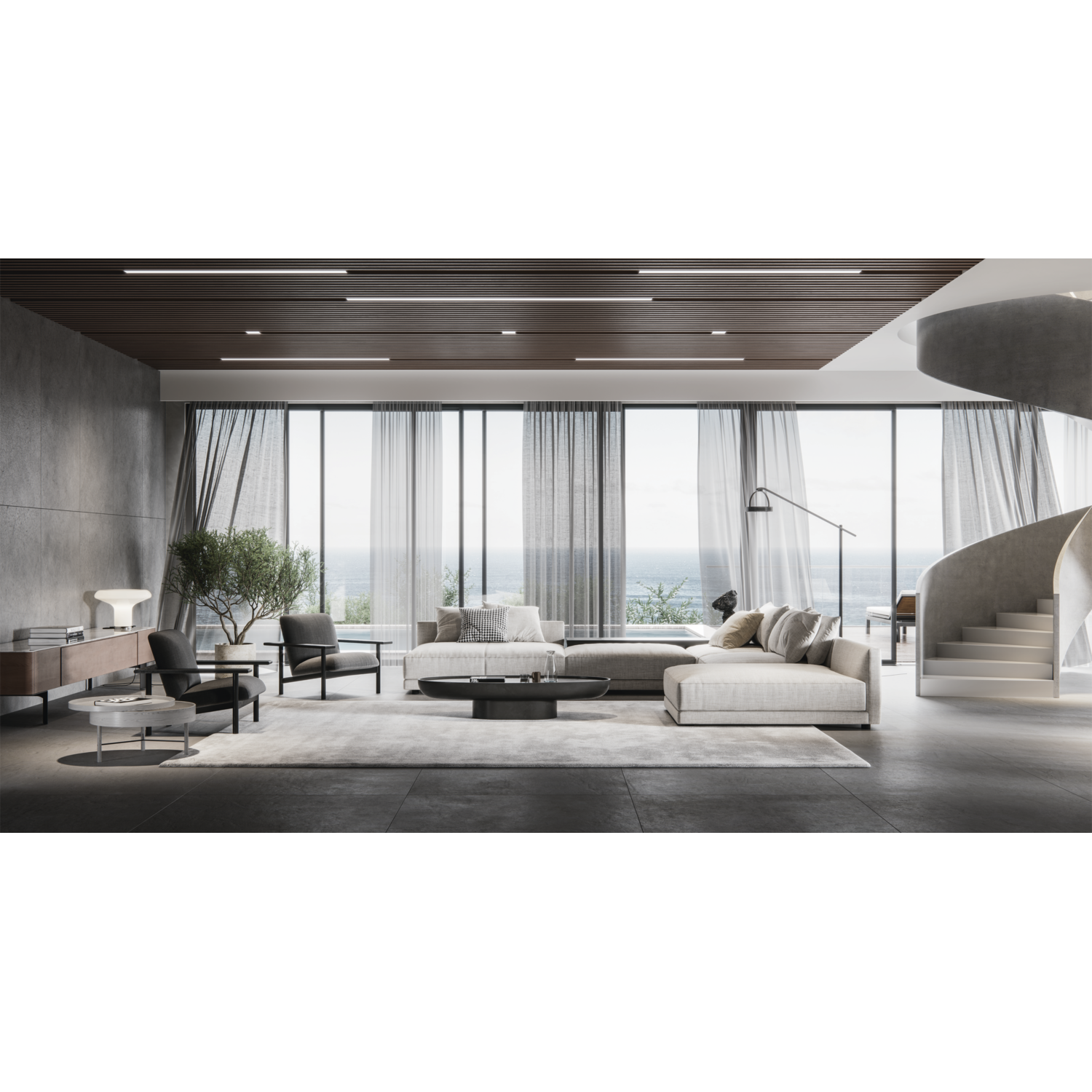 A modern living room, with large windows overlooking the sea.