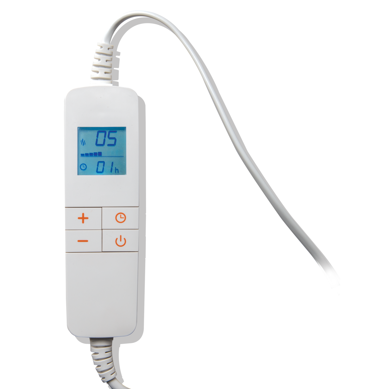 White control with display showing time and settings. Includes plus, minus, clock, and power buttons, and a cable.