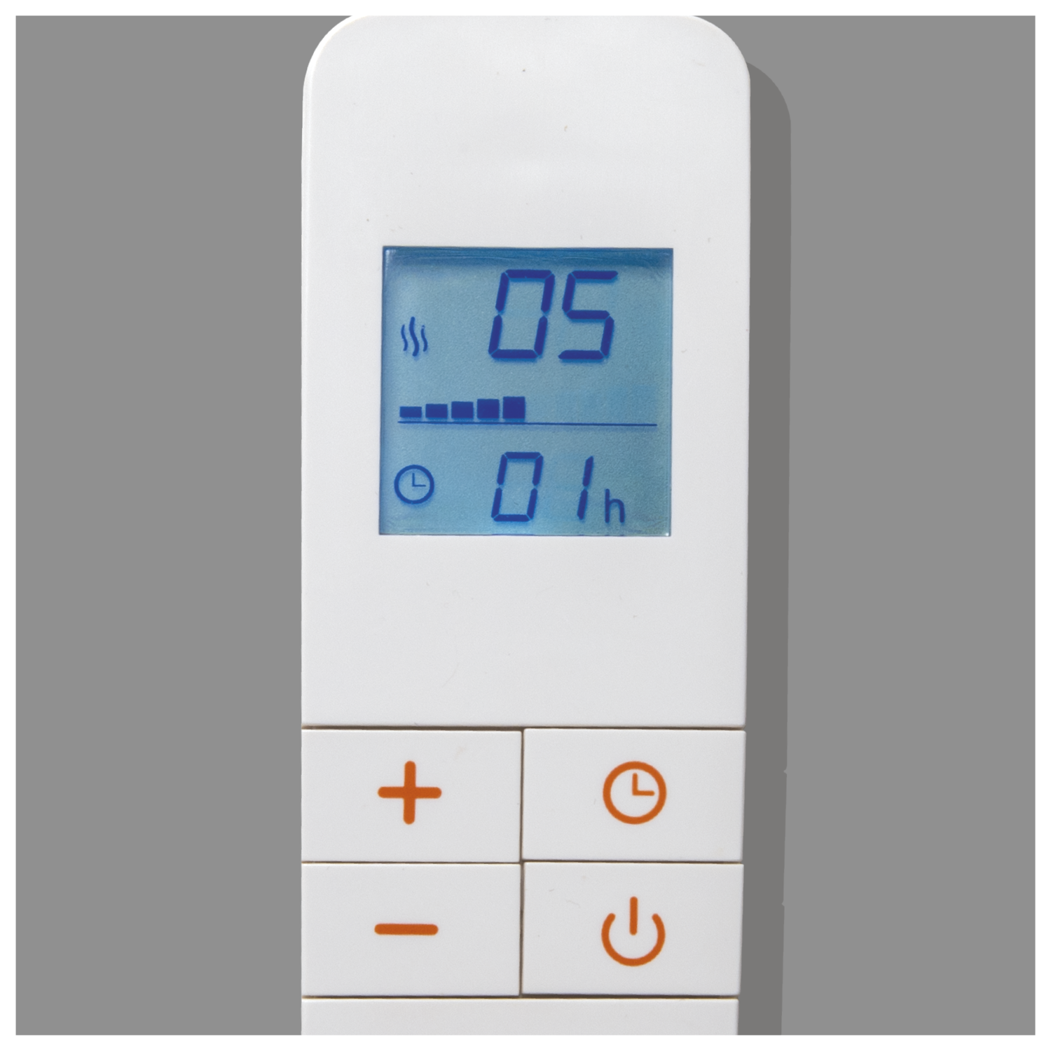 White remote control with digital display showing settings and buttons.