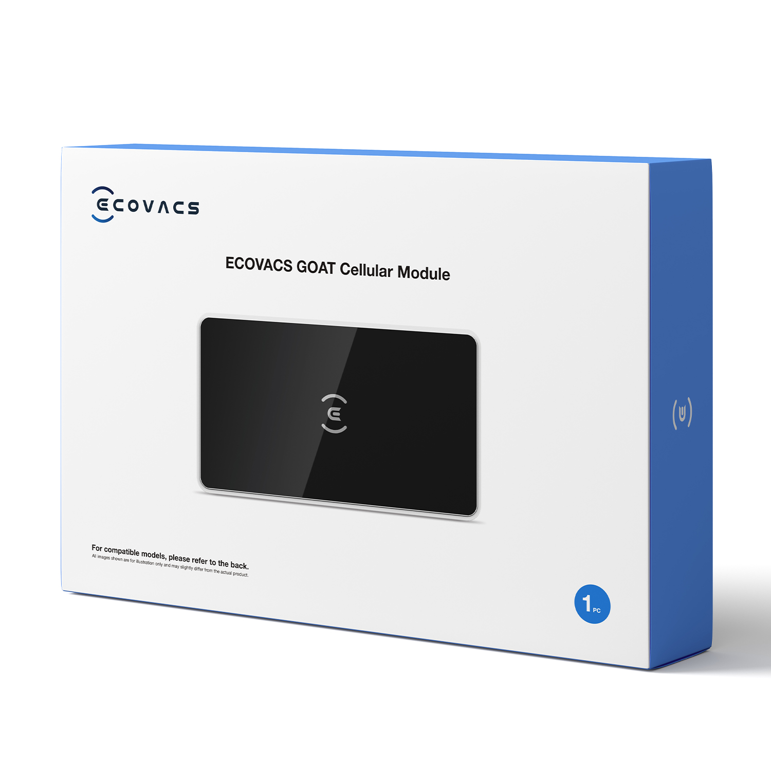 Scatola bianca e blu con testo e logo. ECOVACS GOAT Cellular Module.