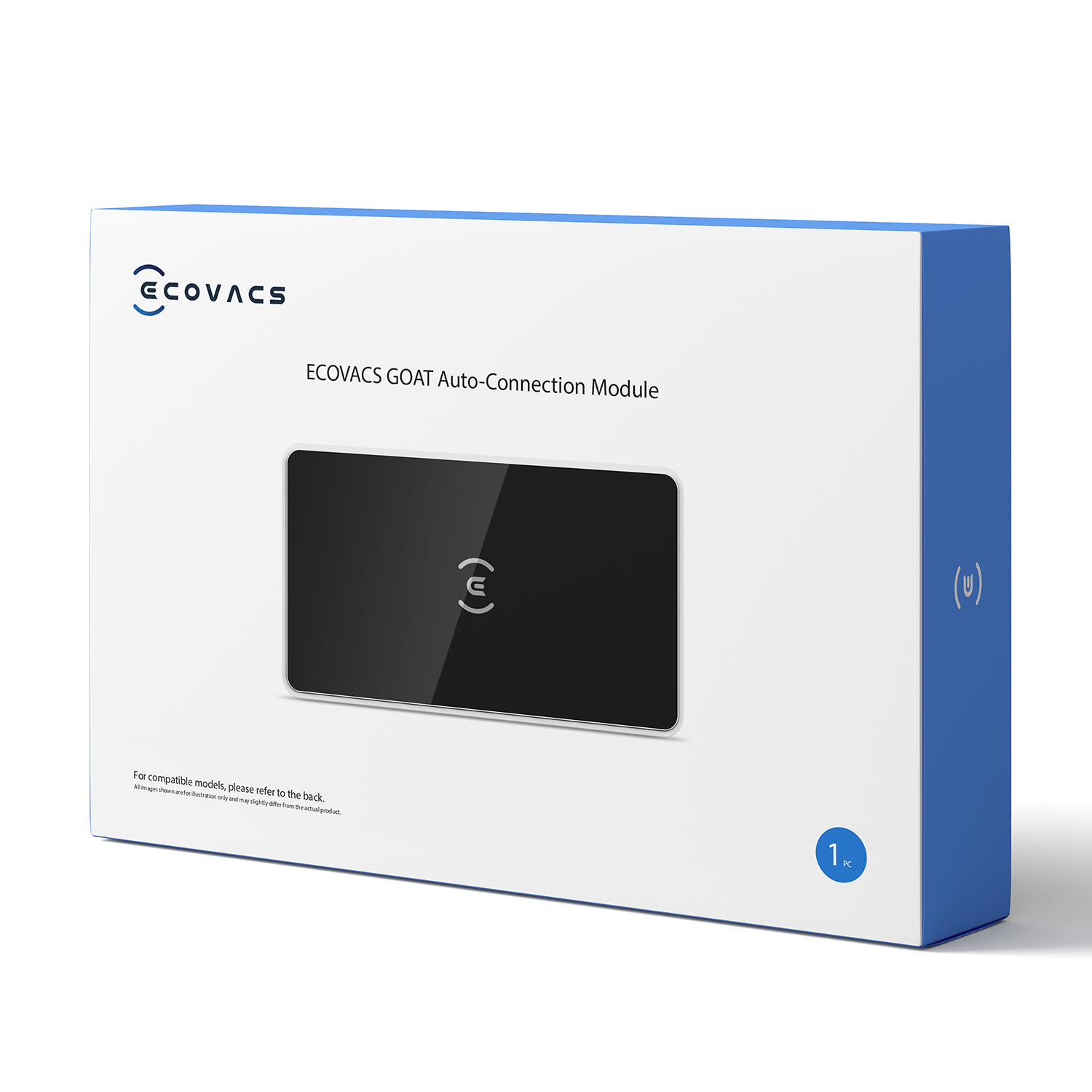 Scatola bianca e blu con il modulo di connessione automatica ECOVACS GOAT. La scatola ha un pannello nero.