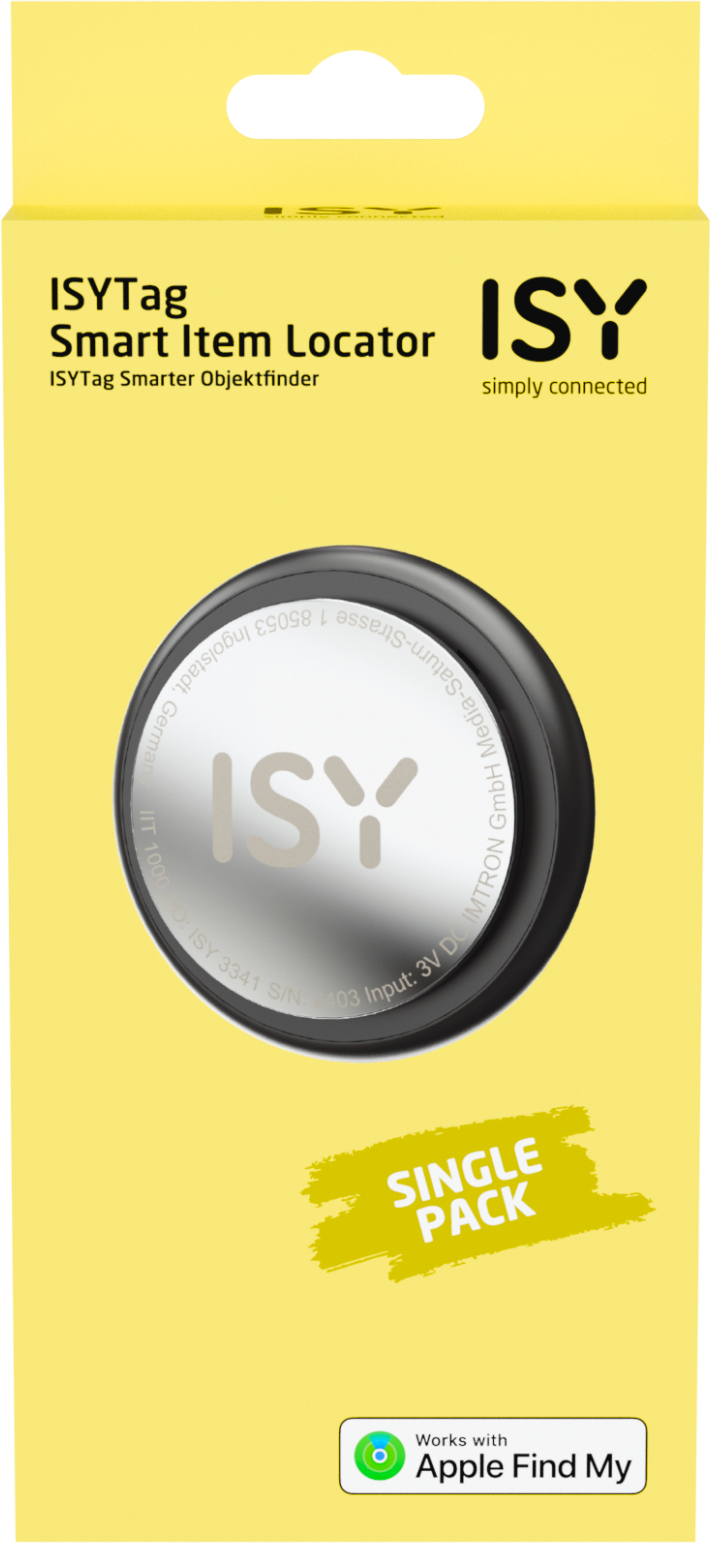 Boîte ISY Smart Item Locator jaune et noire. Localisateur d'éléments argenté visible. Fond blanc.