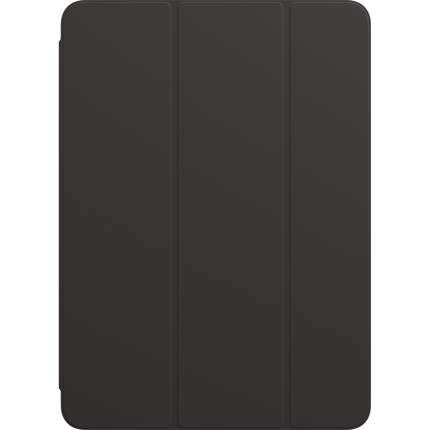 Closed black tablet cover, three panels visible, plain background.