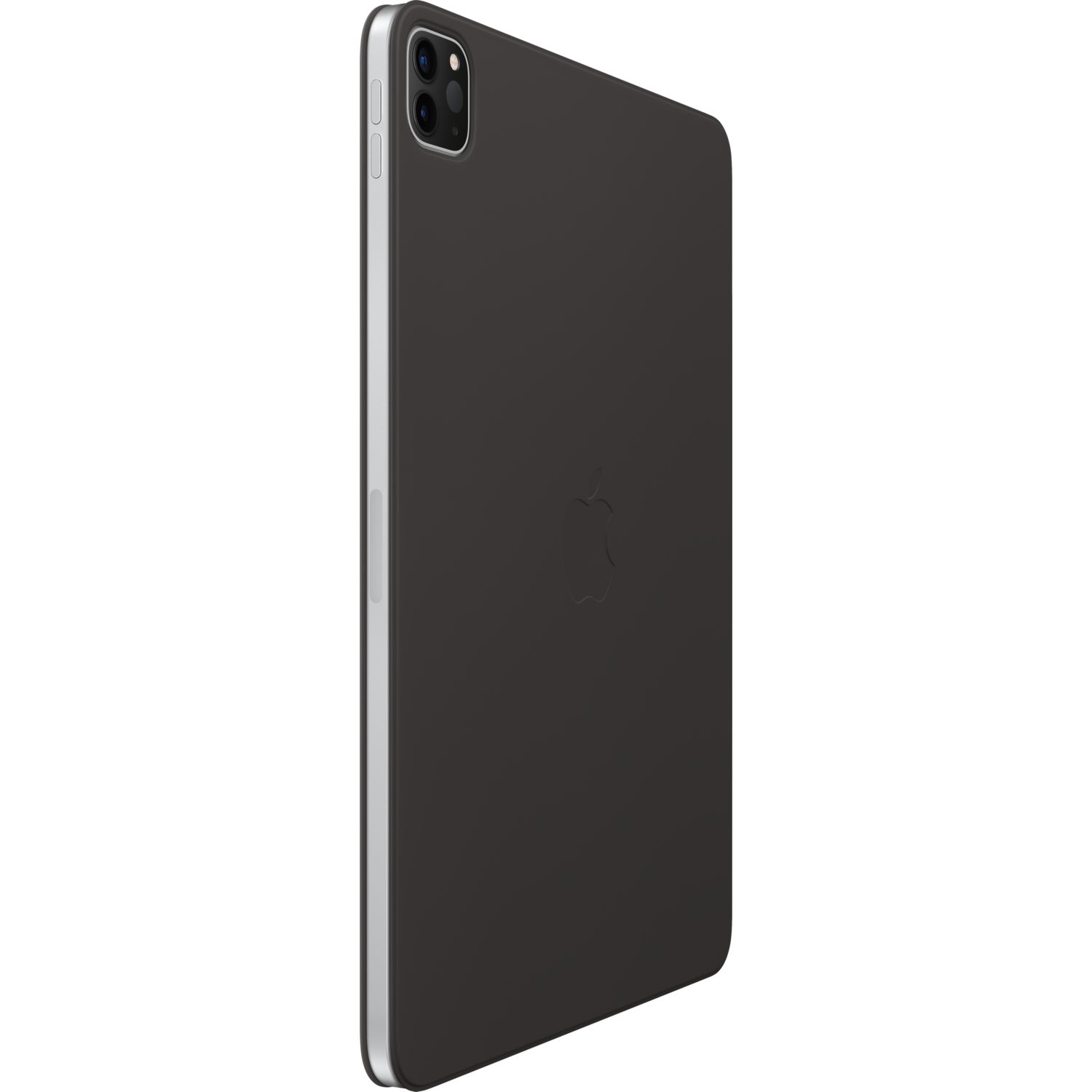 iPad Pro in dark gray case. The Apple logo is on the back with a camera and charging port.