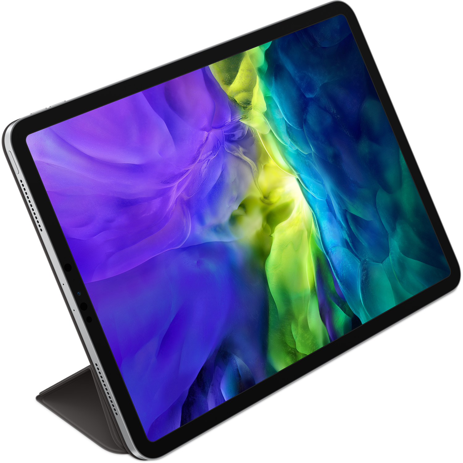 A tablet with a colorful screen display, angled against a black surface.