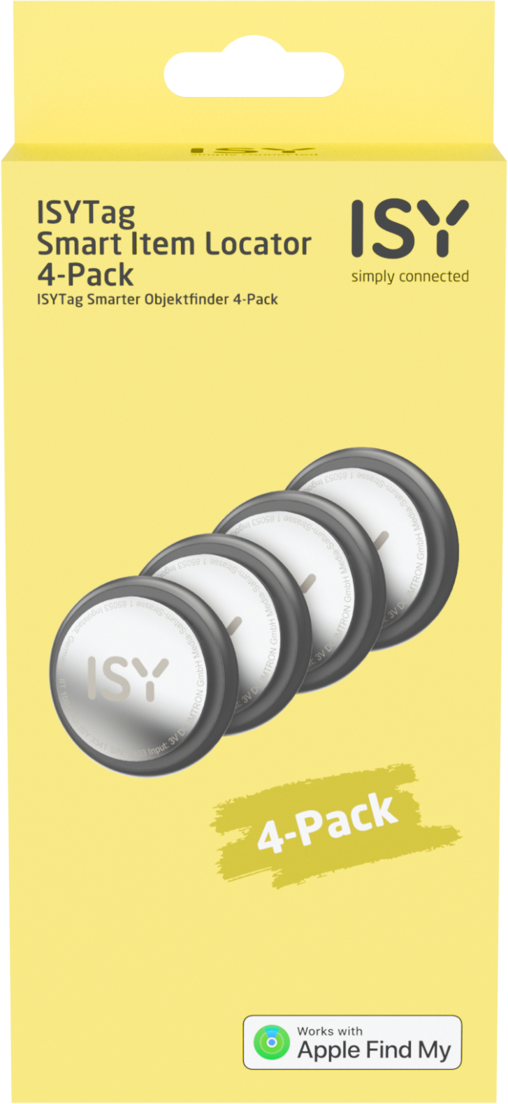 Una scatola contenente ISY Smart Item Locator 4-Pack, con quattro localizzatori circolari.