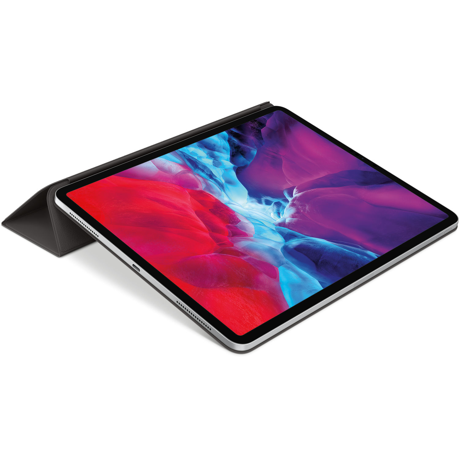 Tablet with colorful abstract art screen display, in a dark grey cover.