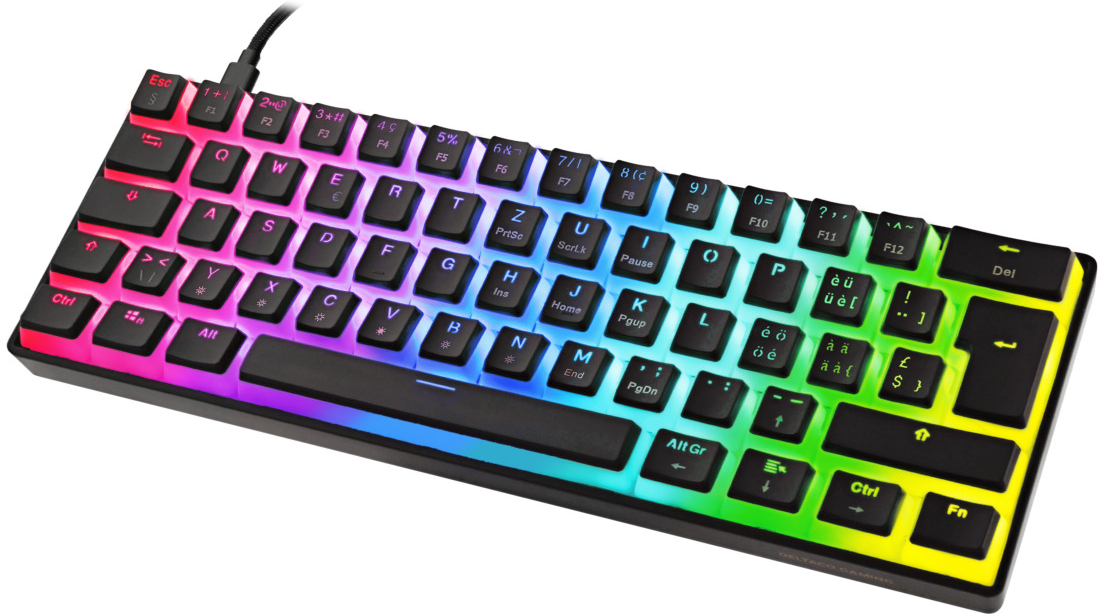 Kleine, farbenfrohe Tastatur mit beleuchteten Tasten und schwarzem Gehäuse.