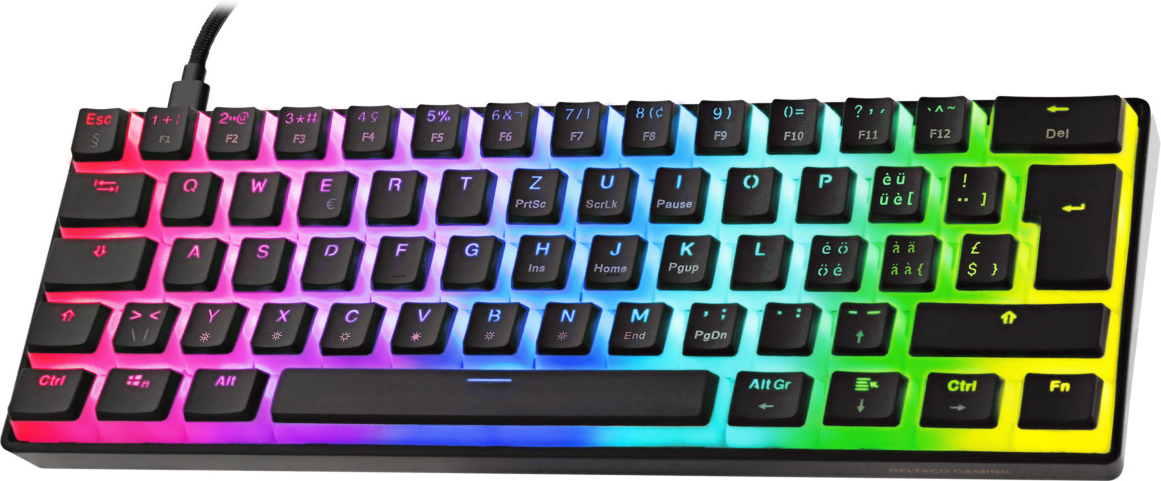 Eine regenbogenfarbene Tastatur mit schwarzen Tasten. Die Tasten leuchten in verschiedenen Farben.