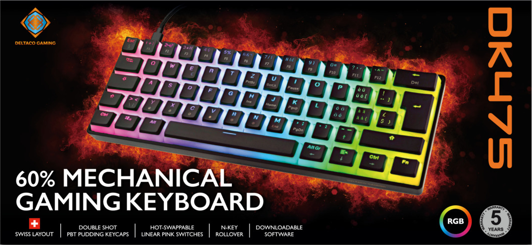Eine 60% mechanische Gaming-Tastatur mit RGB-Beleuchtung und rotem und schwarzem Hintergrund.