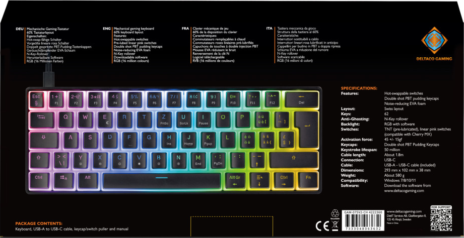 Mechanische Gaming-Tastatur, Regenbogen-Hintergrundbeleuchtung. Schwarze Tasten, weißer Text, gelbe Tasten.