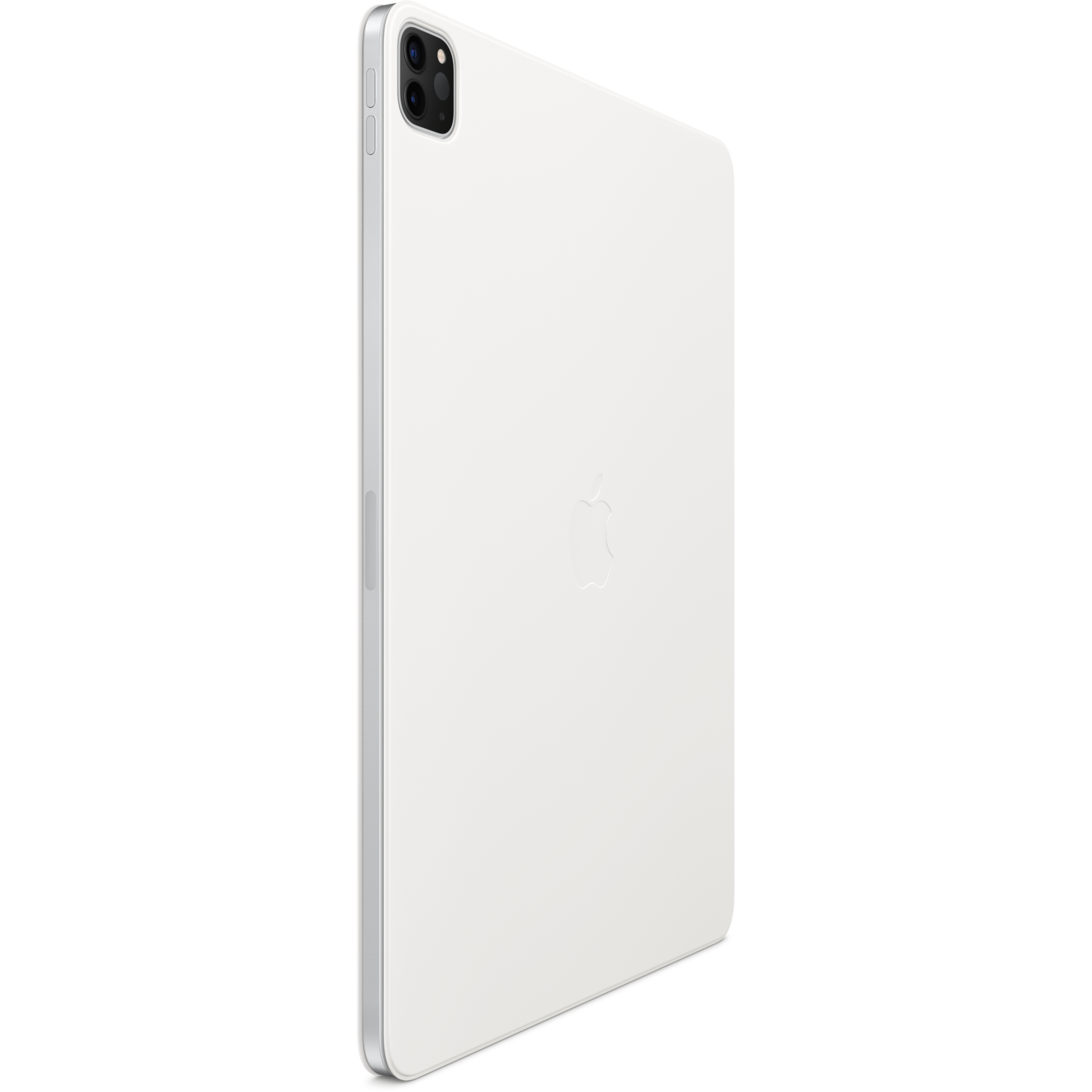 White Apple iPad Pro, angled, floating against a black background. The Apple logo is visible.