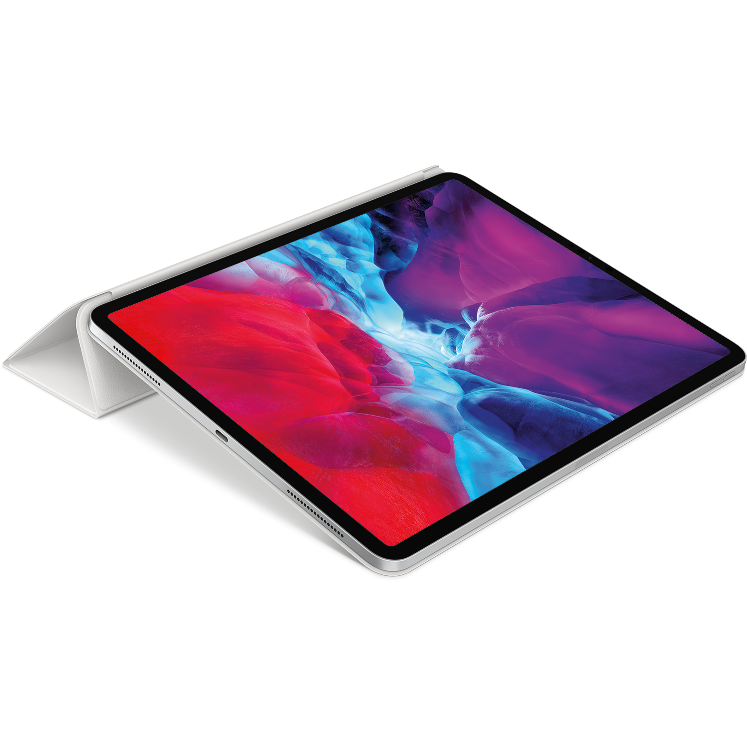 Tablet with a white cover, on a black surface. The screen shows red and purple colors.
