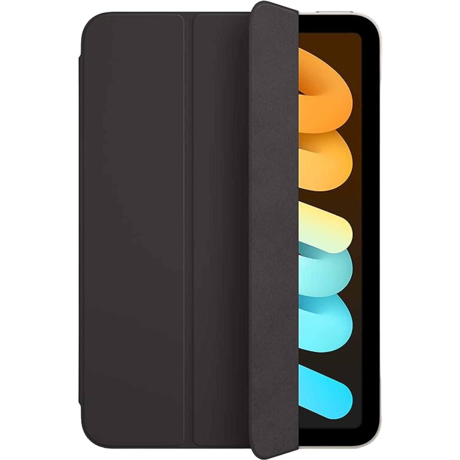 Black iPad mini case, the cover is open, revealing the iPad's screen.