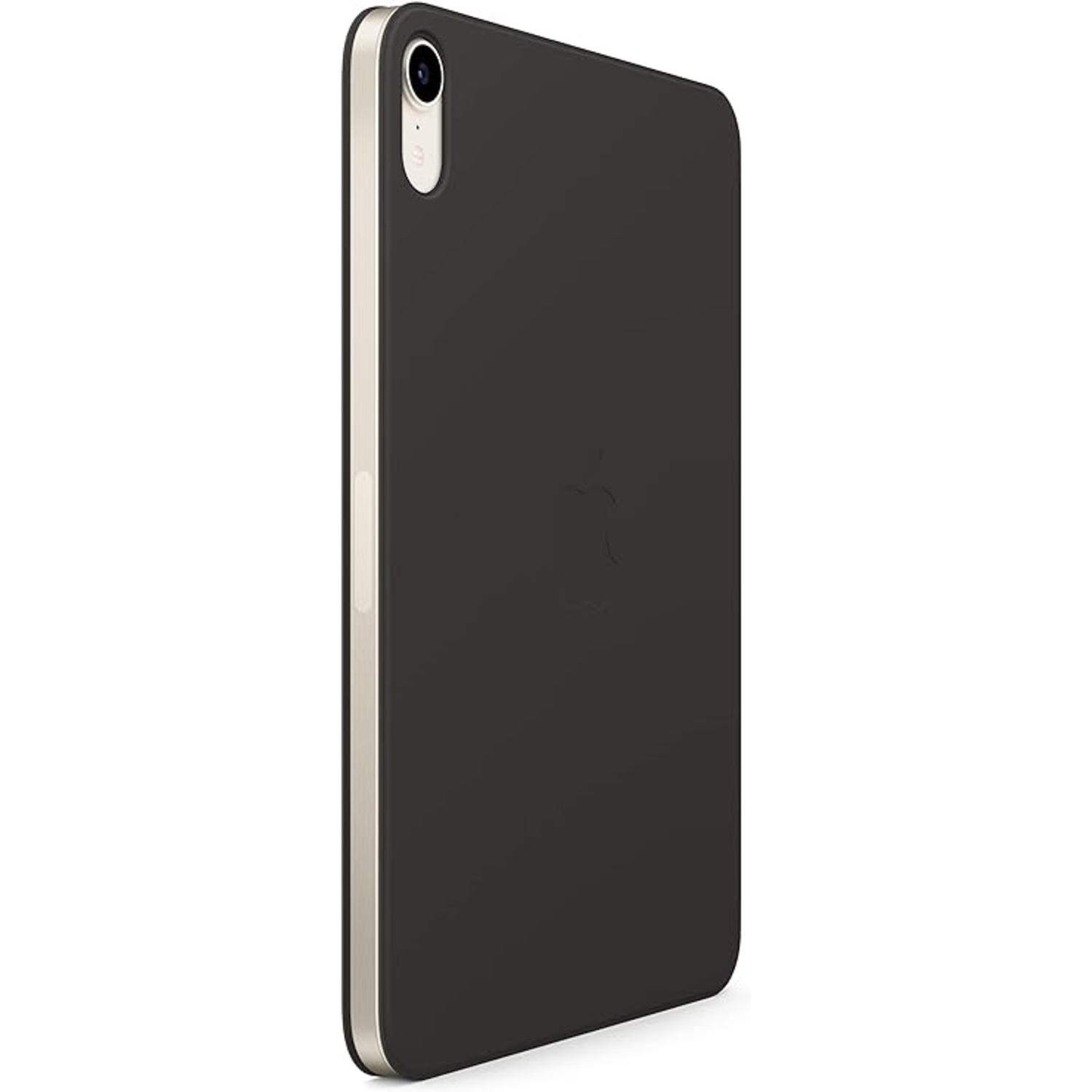 Black iPad with a case, showing the back side with a camera lens. The cover has a silver border.