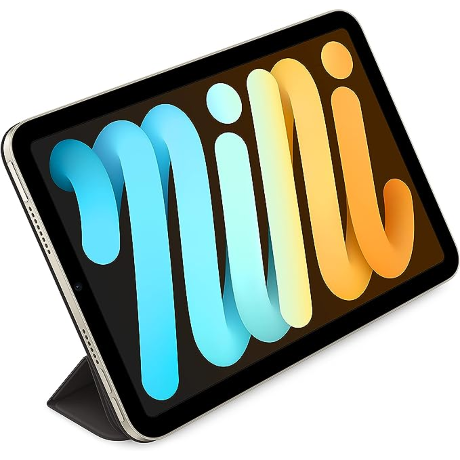 A small tablet with a colorful screen, propped up by a black cover.