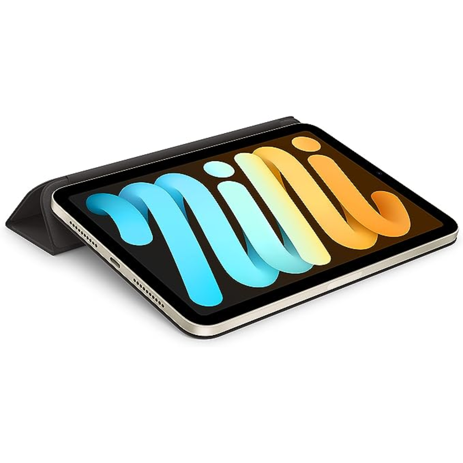 A small, open tablet with a colorful display, on a black case, tilted on white background.