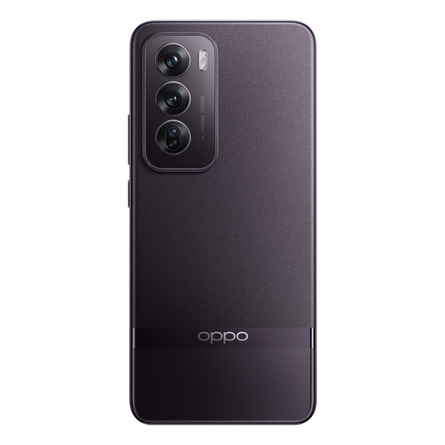 Purple Oppo phone with three cameras on the back and a black bar.