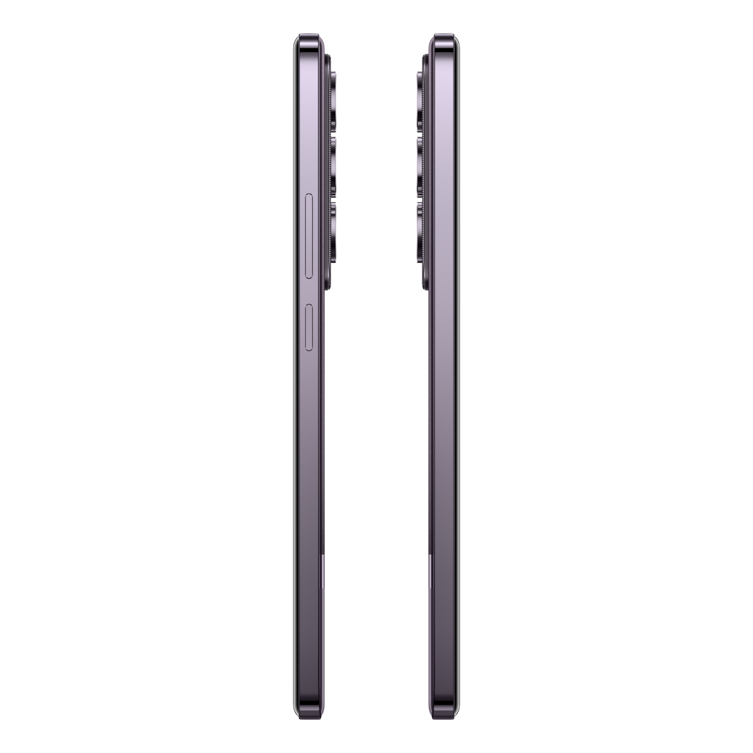 Two sleek purple smartphones side-by-side on a black background.