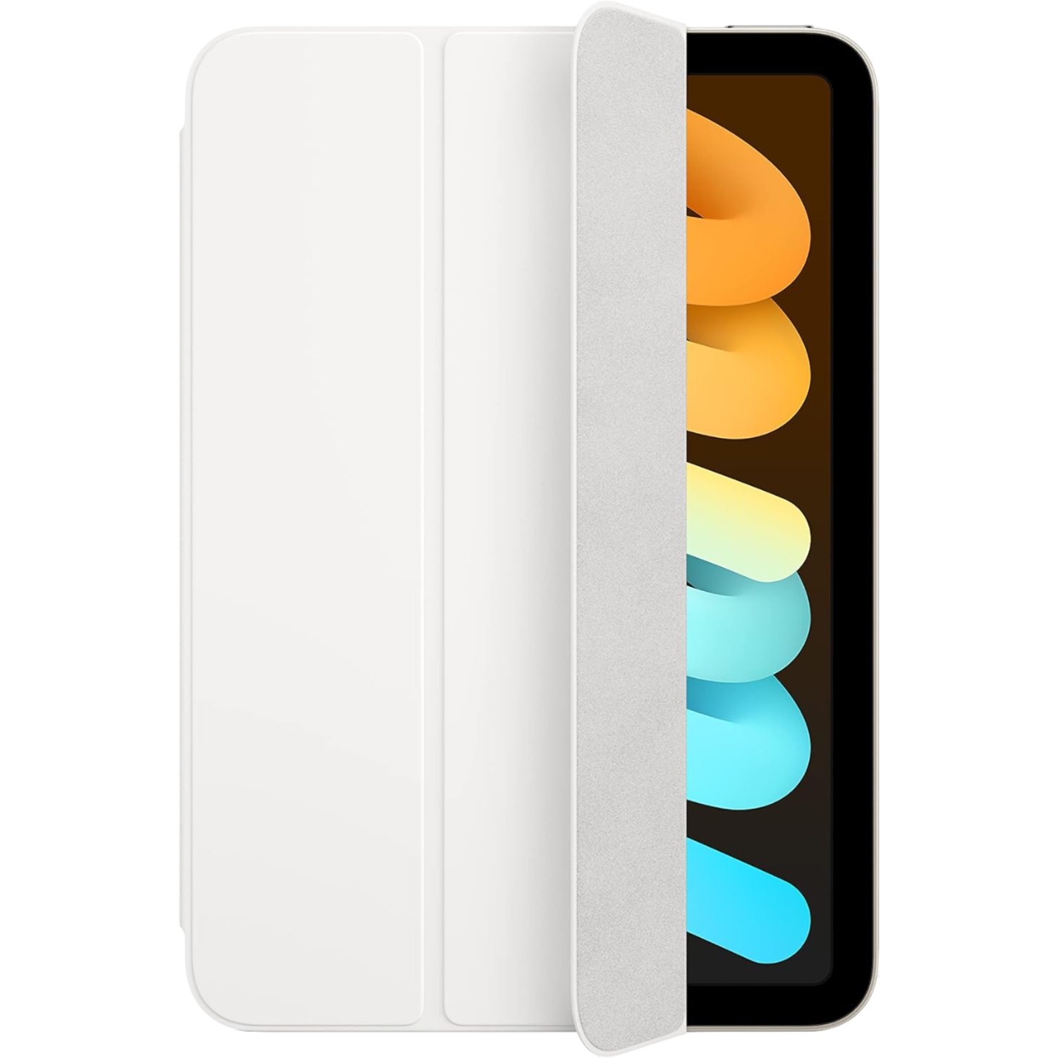 White tablet case, partially open, revealing the tablet. The tablet has a black screen and colorful shapes.