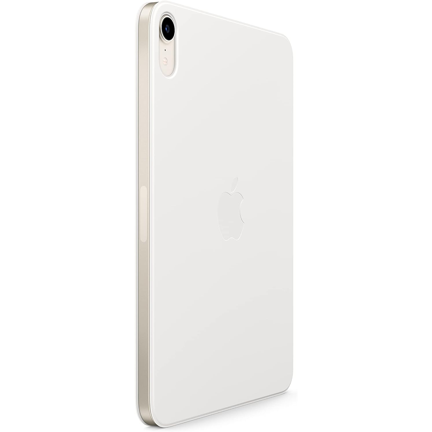 A white iPad with a metallic frame, showing the back with the Apple logo.