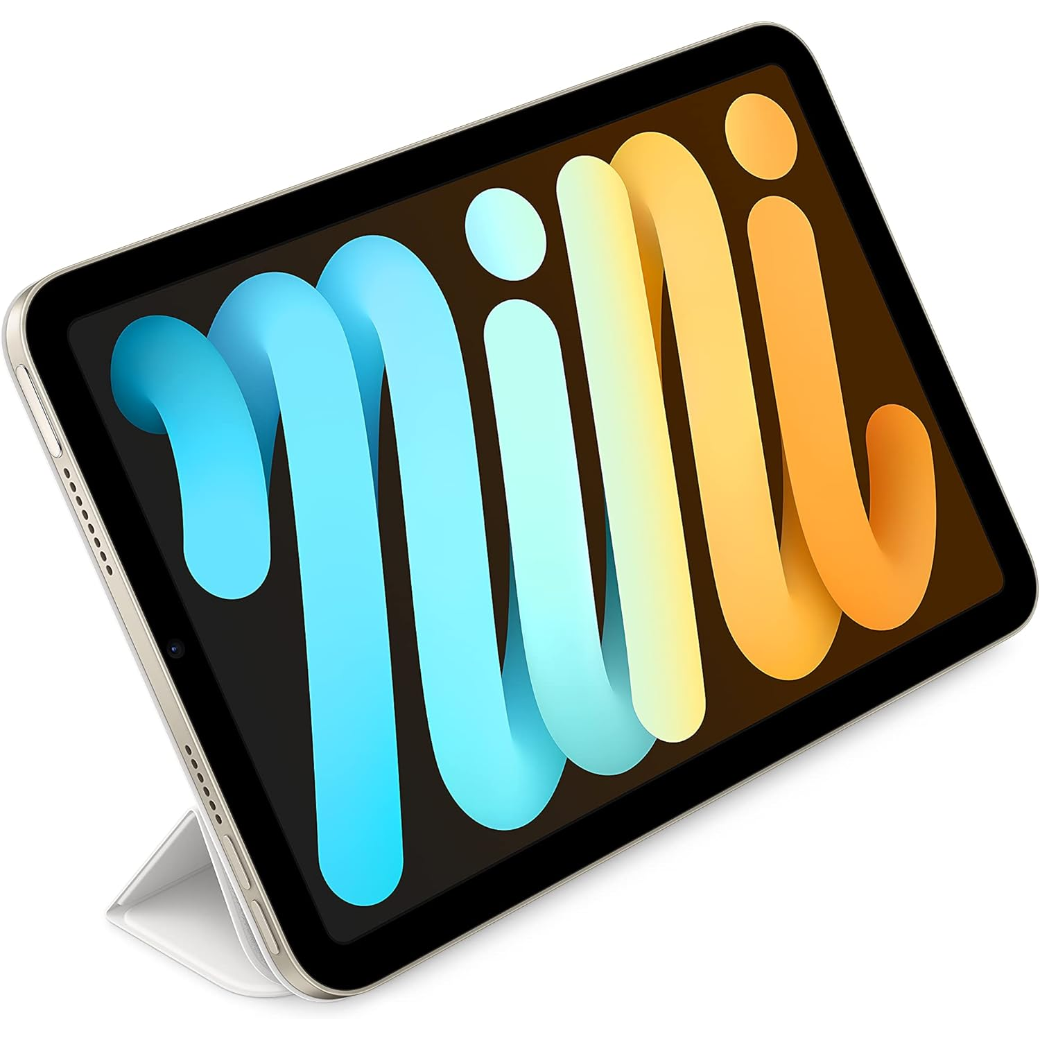 A tablet with a colorful logo on screen. The screen is black and the device is white.
