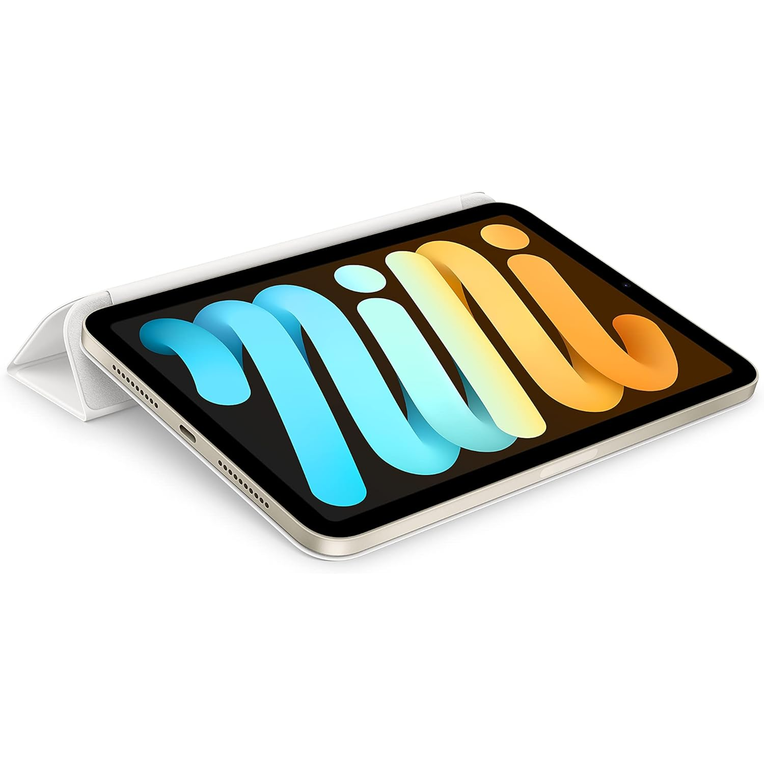 An open tablet with a white case. The screen shows a colorful, abstract image.