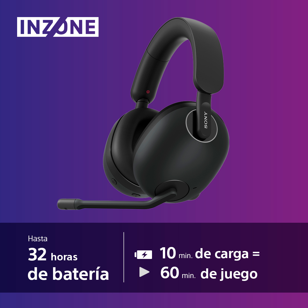 Auriculares negros con micrófono. Texto: 32 horas de batería, y 10 min de carga = 60 min de juego.