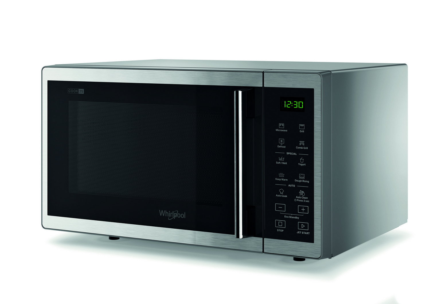 Un horno microondas plateado con puerta y panel de control negros. Está sobre un fondo blanco, la hora en la pantalla es 12:30.