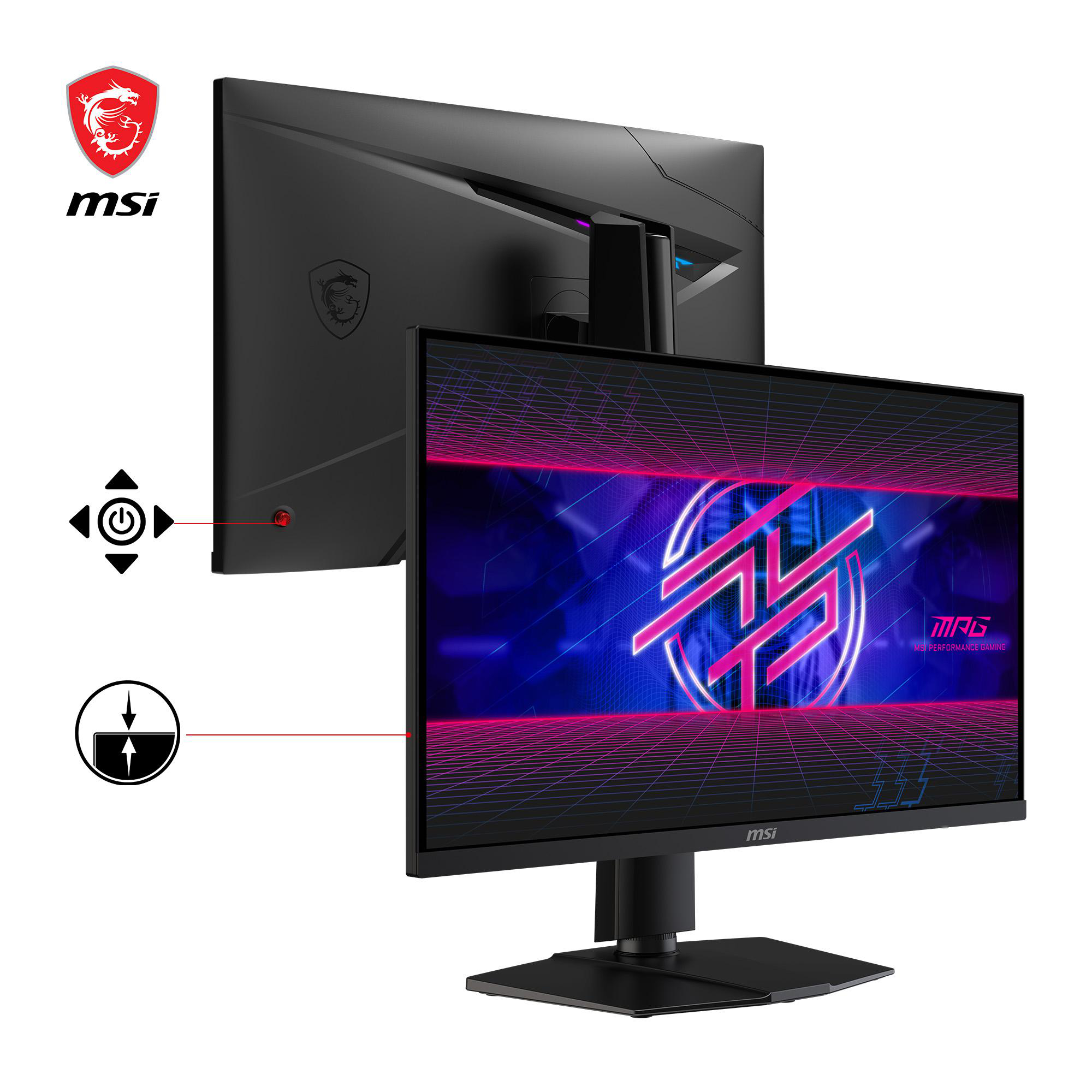 Ein MSI-Monitor aus verschiedenen Blickwinkeln mit Seitentasten.