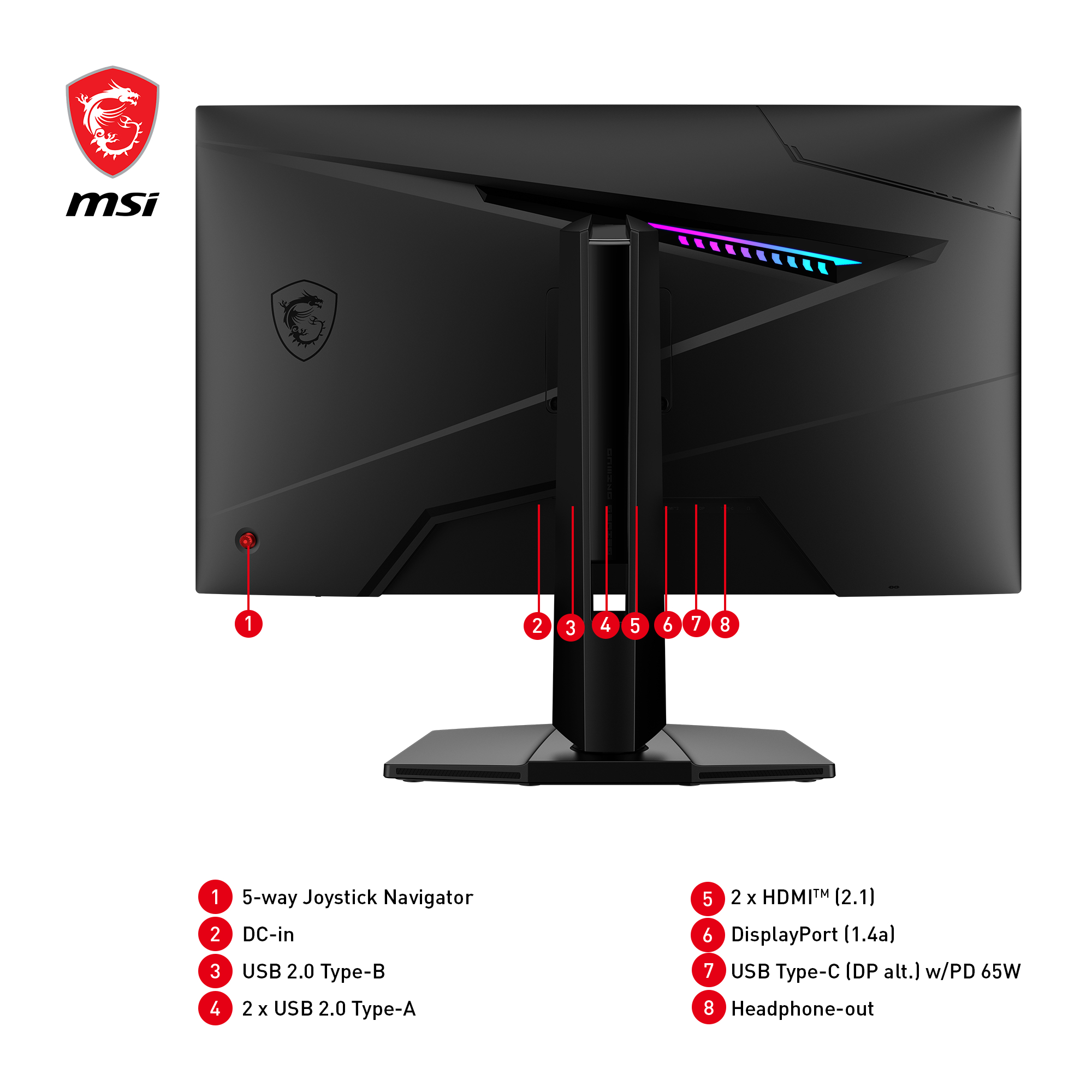 Rückseite eines Computermonitors mit Anschlüssen und einem Ständer. Das MSI-Logo ist sichtbar.
