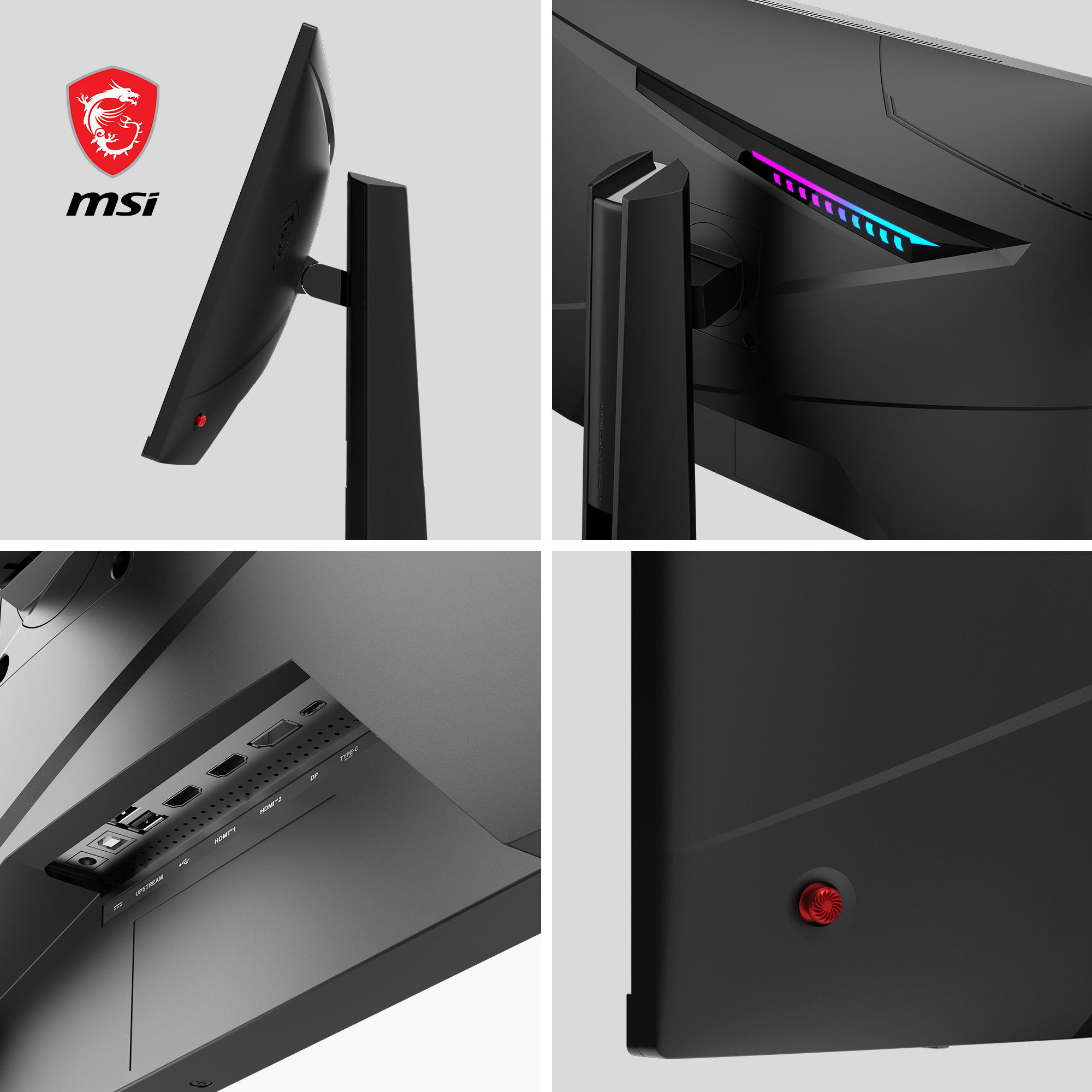 Eine Collage eines schwarzen MSI-Monitors. Enthält Seiten-, Rück- und Unteransichten mit Anschlüssen und Details.