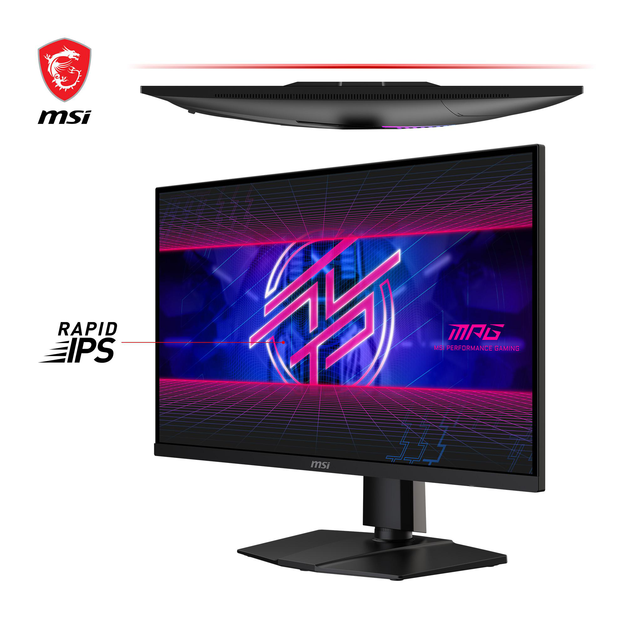 MSI Gaming-Monitor in Schrägansicht. Anzeige zeigt Gaming-Grafik.
