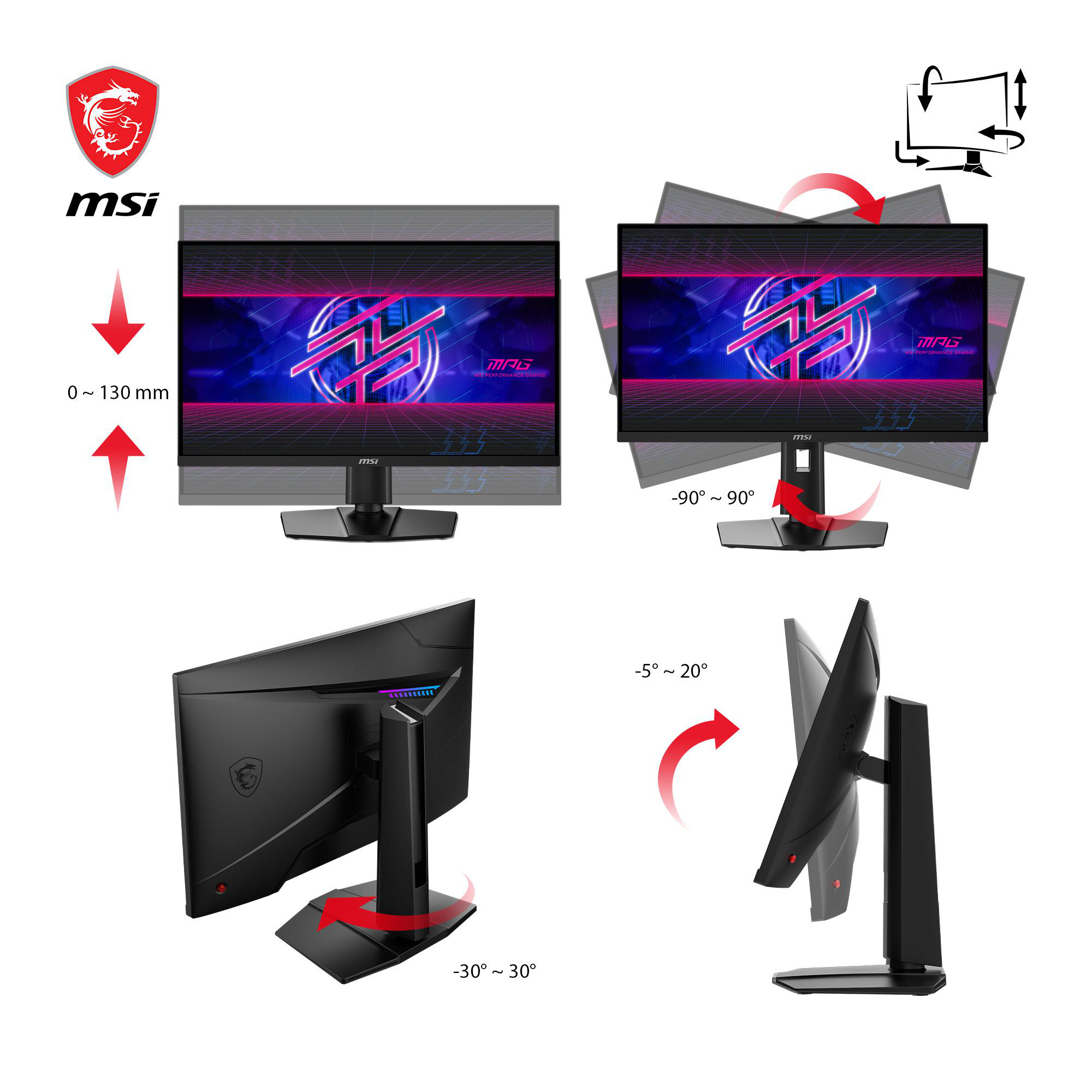 MSI Gaming-Monitor mit verstellbarem Ständer, verschiedene Winkel zeigend.