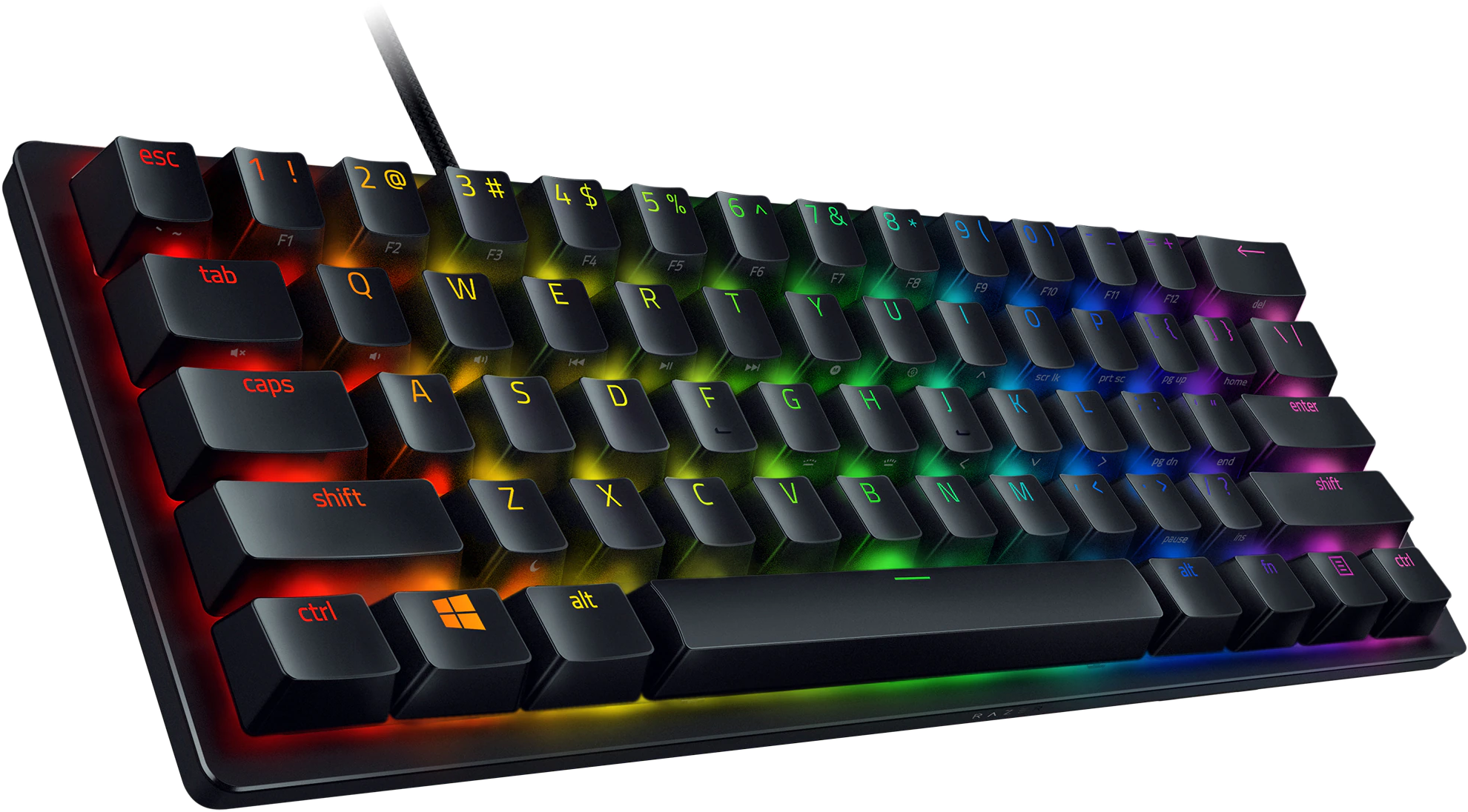 Fekete billentyűzet színes háttérvilágítású gombokkal, beleértve a Razer márkalogót.