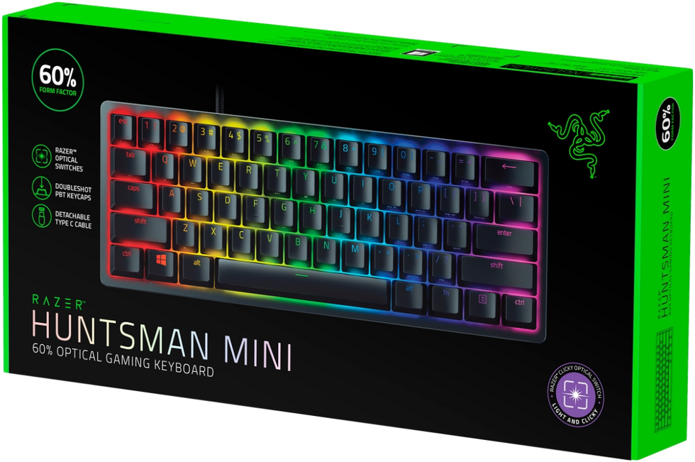 Dobozos Razer Huntsman Mini billentyűzet, fekete, szivárványos gombok.
