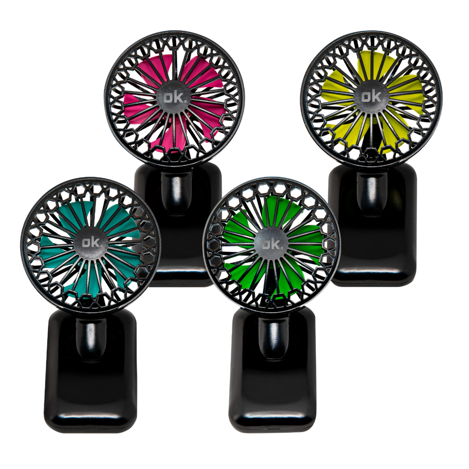 Four black portable fans with different colored blades: pink, yellow, teal, and green.