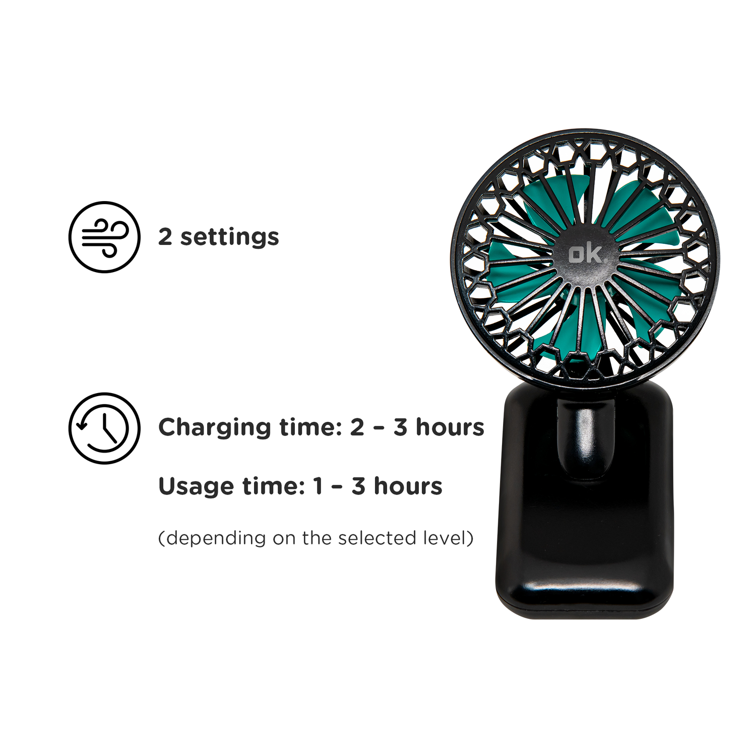 Black portable fan with two settings.