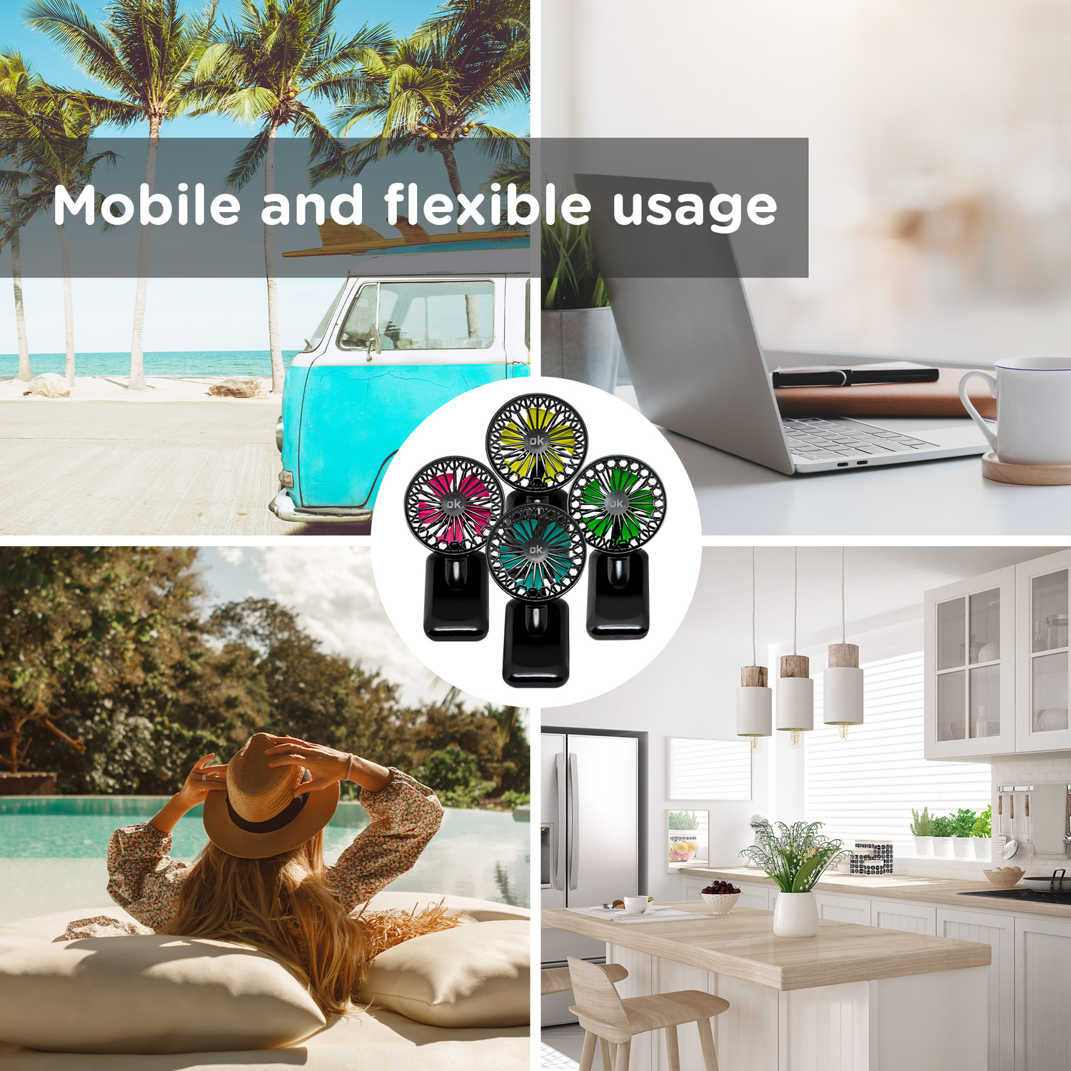 Collage of images showing fans, beach, laptop, and a kitchen.