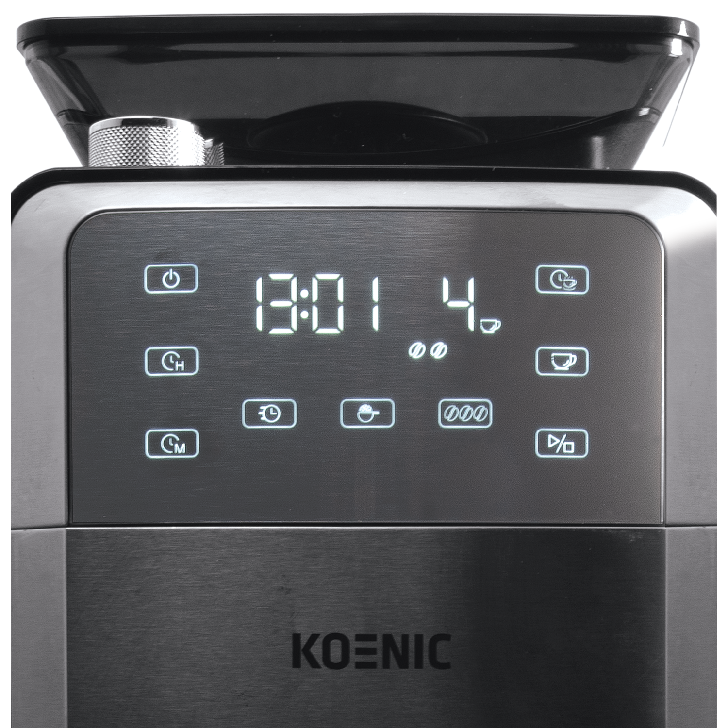 Coffee machine display showing time, beans and cup icons.