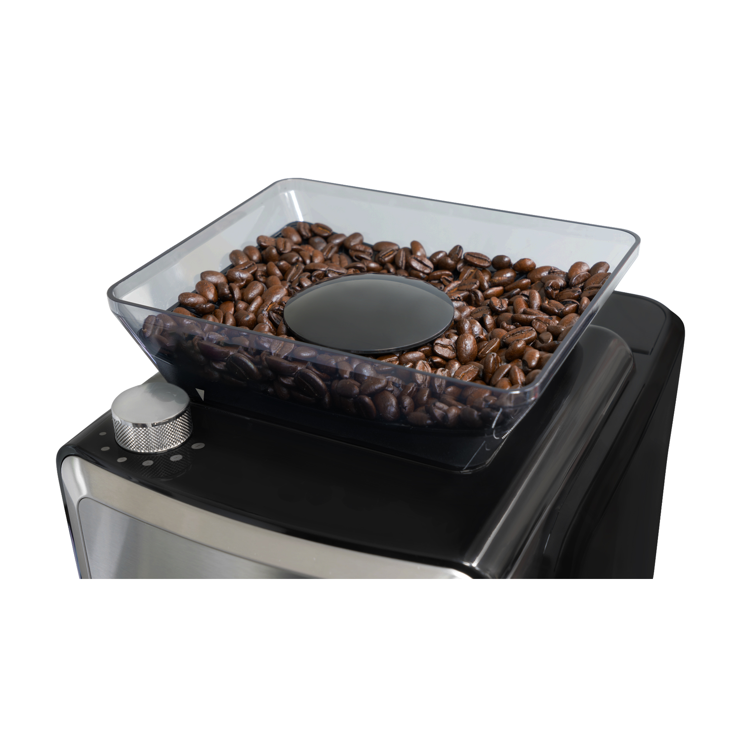 Coffee grinder with a transparent container filled with coffee beans on a black base.