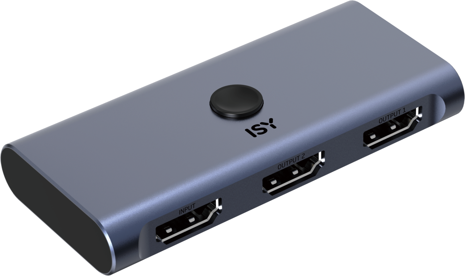 Commutateur HDMI argenté et noir avec ports d'entrée et de sortie. Fond noir.