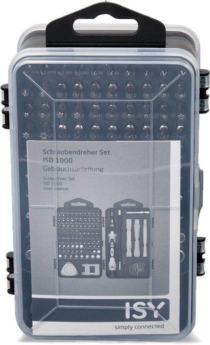 Une boîte à outils transparente avec des embouts de tournevis et un manuel d'utilisation.