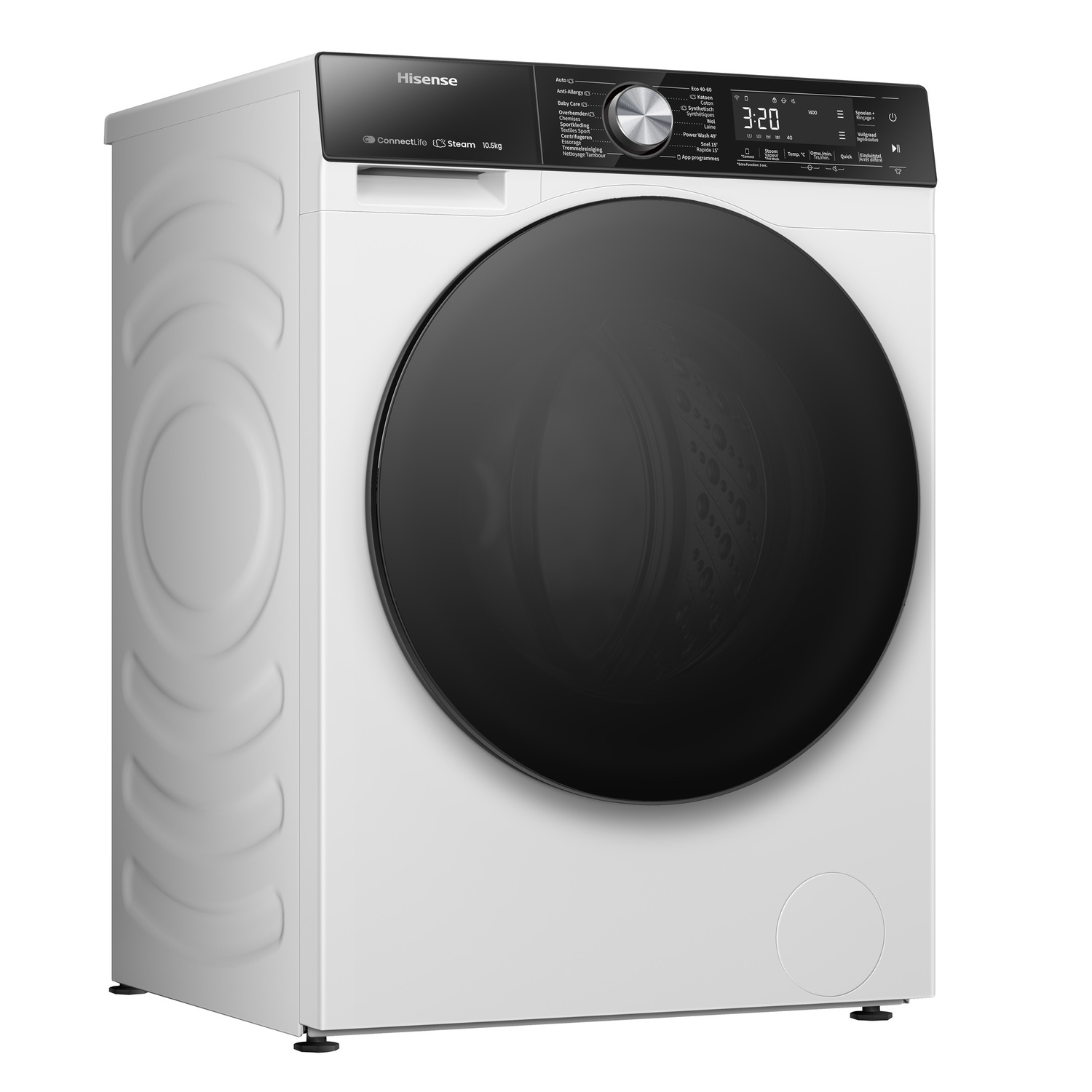 A white washing machine with a black door and control panel, displaying the time 3:20.