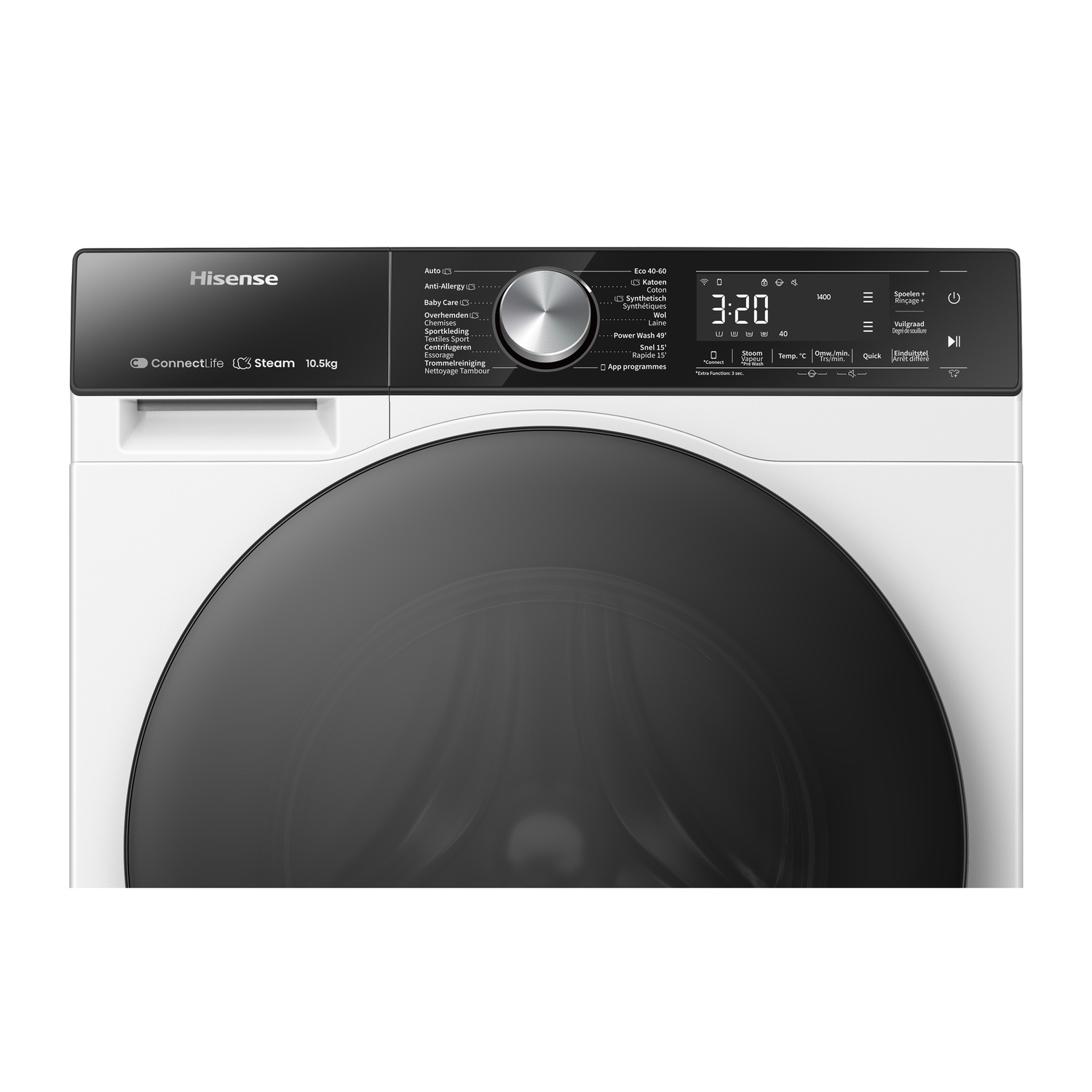 White Hisense washing machine control panel. Digital display shows time. Black door, white body. Front view.