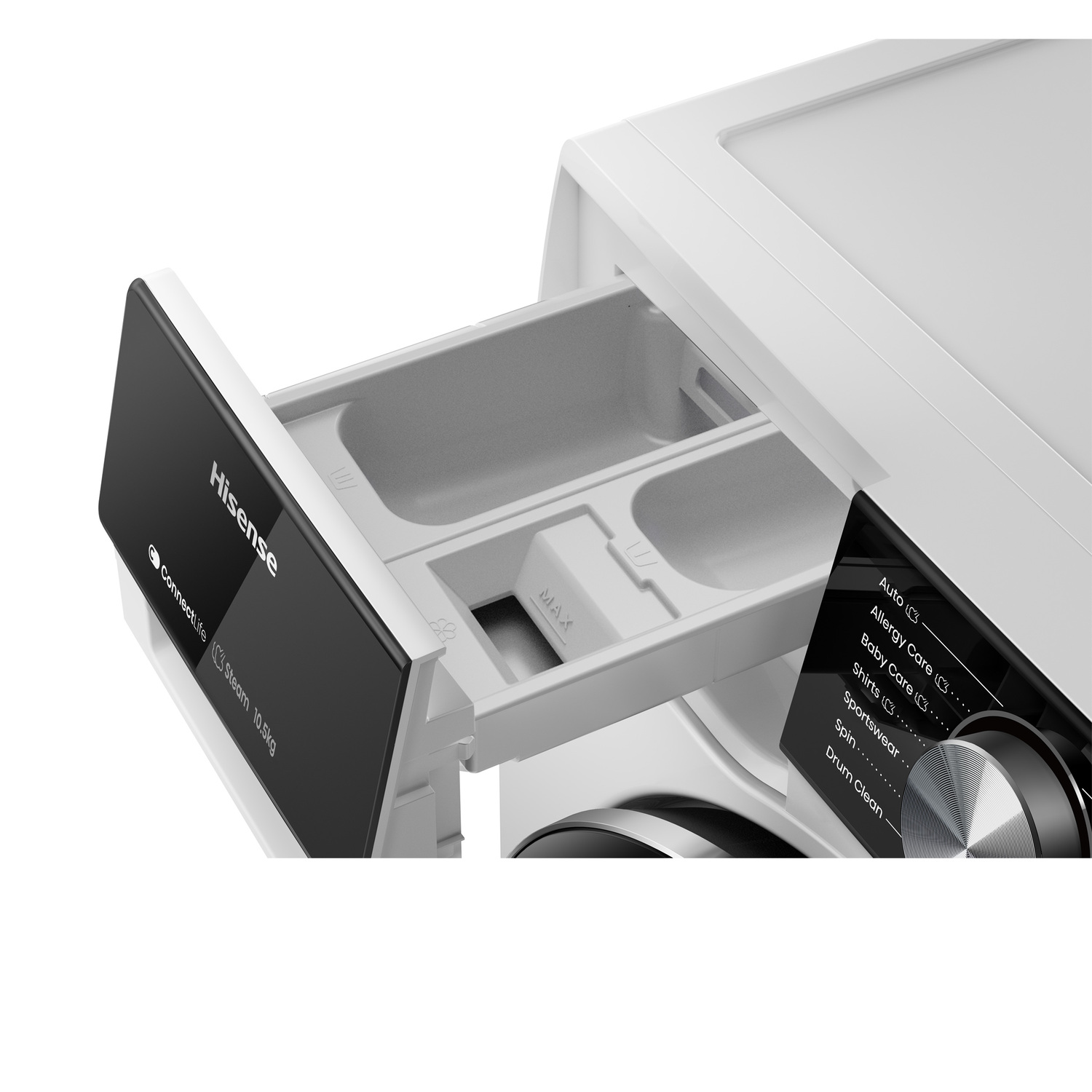 White washing machine drawer open, showing detergent compartments.