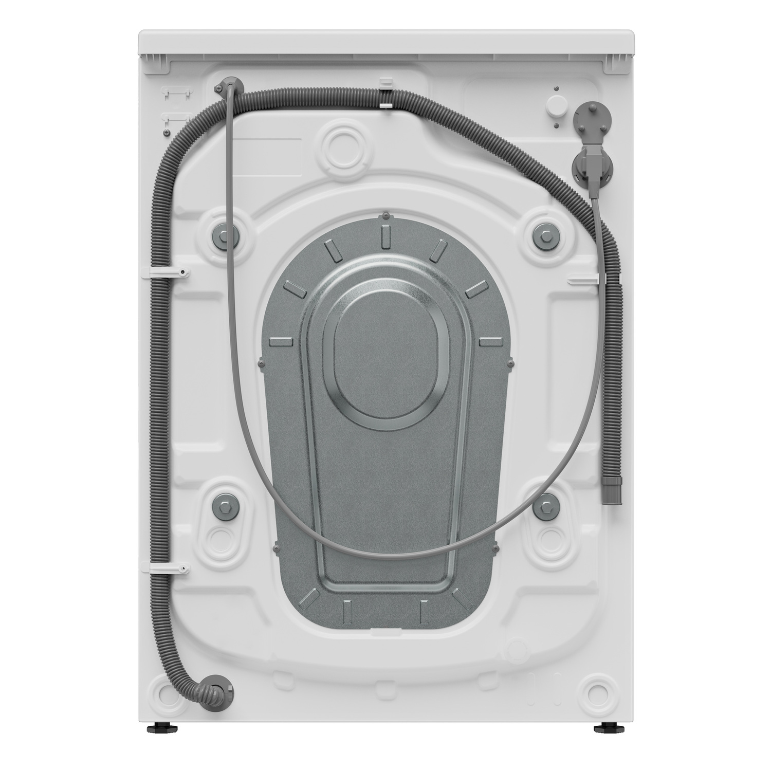 Black waffle maker with a silver top and a black handle on a white background.