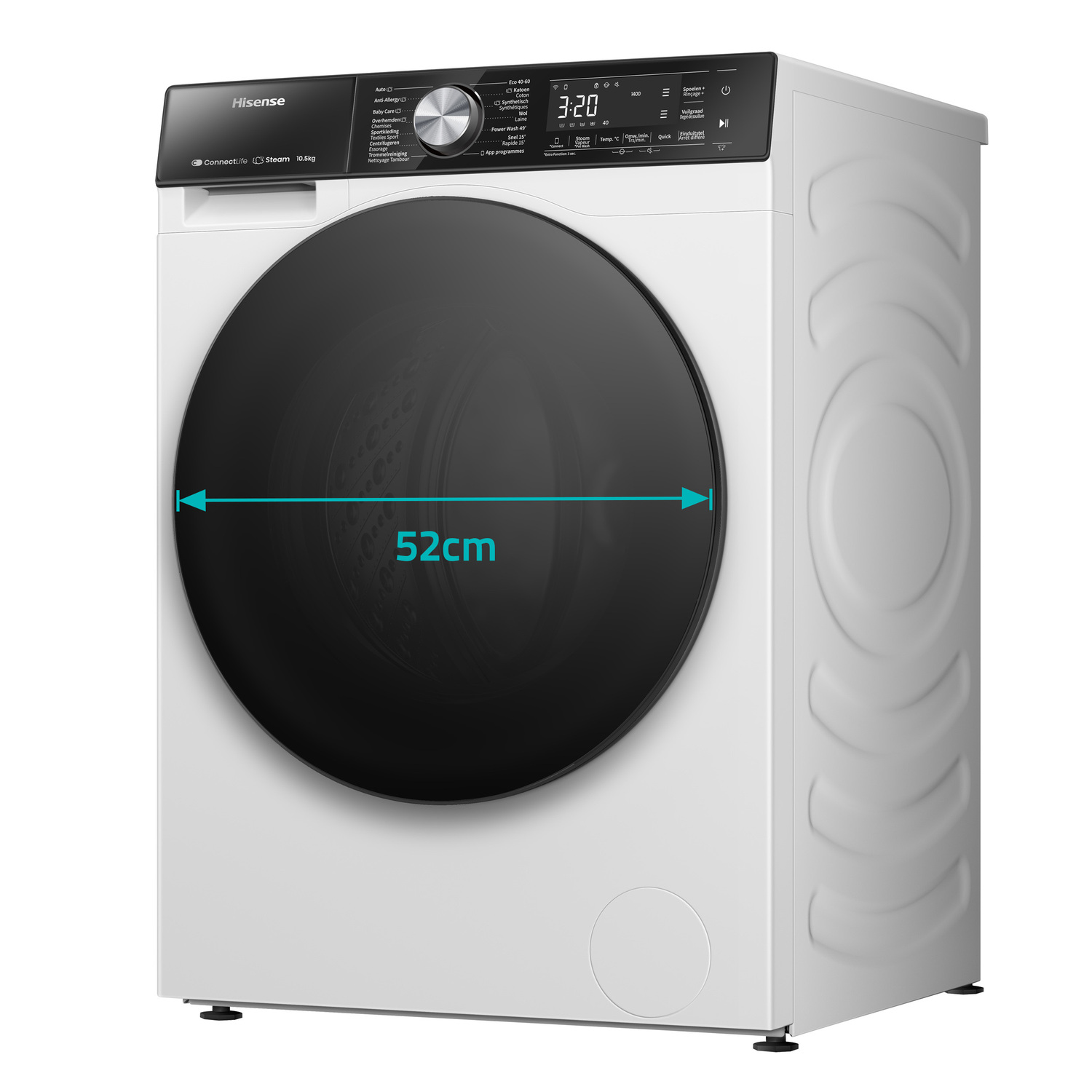 A white washing machine with a black door. The door is 52cm wide, which is indicated by arrows.